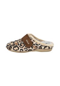 Zapatillas de casa con estampado de leopardo, exterior suave y aterciopelado, correa de ante marrón y suela de goma beige. Forro grueso y cálido.