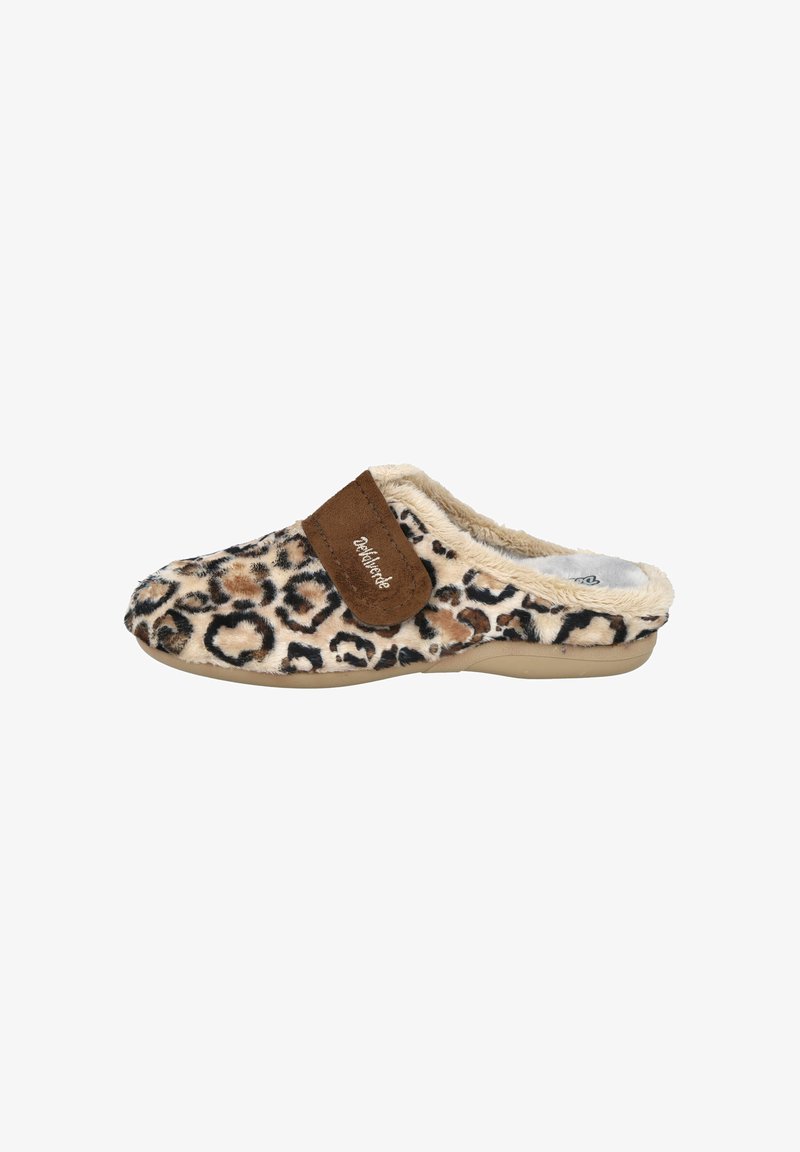 Zapatillas de casa con estampado de leopardo, exterior suave y aterciopelado, correa de ante marrón y suela de goma beige. Forro grueso y cálido.