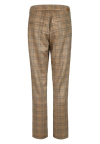 Pantalon à carreaux marron et beige avec deux poches passepoilées à l'arrière et une coupe ajustée, présenté de dos sur fond blanc.
