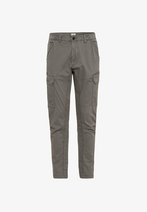 Gray cargo pants with multiple pockets, tapered leg design, sturdy fabric texture, and contrasting stitching details.