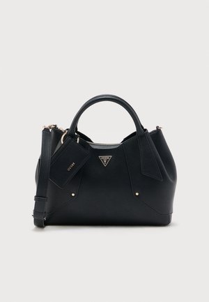 Borsa a mano in pelle nera con texture, manici doppi, tracolla rimovibile e targhetta con logo Guess attaccata sul davanti.