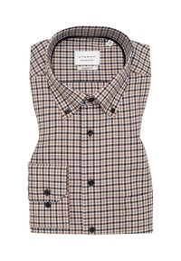 Braun und weiß kariertes Hemd mit Button-Down-Kragen, einer Brusttasche auf der linken Seite und schwarzen Knöpfen. Aus einem weichen Stoff gefertigt. Modernes Fit-Design.