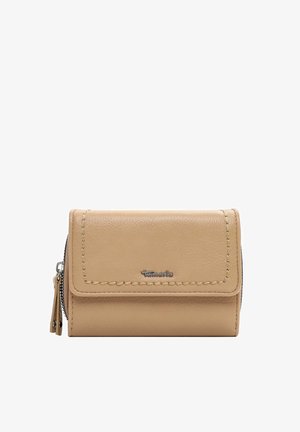 Leren compacte portemonnee in beige met een gladde textuur, ritssluiting en gestikte details. Heeft een klein ritsvak aan de zijkant.