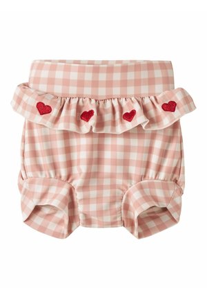 Rožinės ir baltos pledinės kūdikių trumpikės su raukšlėtu juosmeniu, puoštos keturiomis raudonomis siuvinėtomis širdelėmis, elastingi kojų atvartai.
