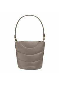 Borsa a secchiello in pelle grigia con un design ondulato testurizzato, manico singolo, accessori in oro e chiusura con zip superiore. Forma compatta e strutturata.