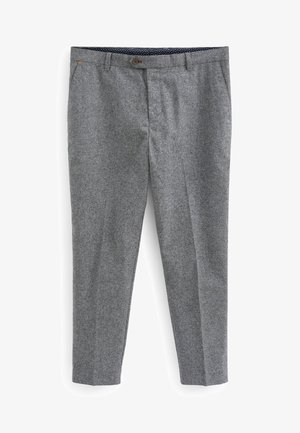 Pantalons en mélange de laine gris avec une coupe ajustée, dotés de poches avant, d'une fermeture à bouton et d'une ceinture intérieure à motif.