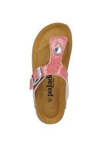 Pink glitter slide sandal with a single strap and silver buckle. Cushioned brown footbed and textured sole. Brand name visible underneath.