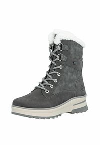 Graue Wildlederstiefel mit Fellkragen, Schnürverschluss und strukturiertem Gummisohle. Verfügt über silberne Akzente und ein robustes Design für den Außeneinsatz.
