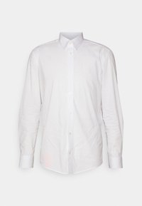 Weißes Langarmhemd aus Baumwolle, mit umlegtem Kragen und Knopfleiste auf der Vorderseite. Glatt, ohne Muster oder Akzente.