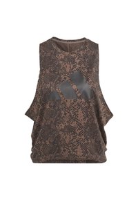 Camiseta sin mangas marrón con un patrón de serpiente y un corte relaxed, con un logo negro prominente de Adidas en el frente.