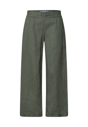 Pantalon large vert olive avec taille élastique et ceinture intégrée avec boucle, en tissu léger.