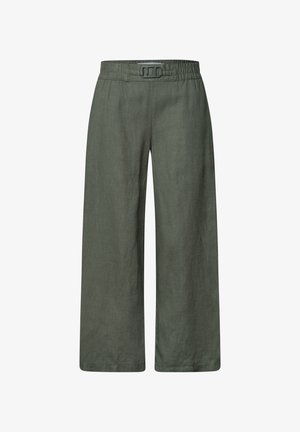 Pantalon large vert olive avec taille élastique et ceinture intégrée avec boucle, en tissu léger.