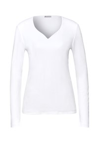 Langarm weißes T-Shirt mit V-Ausschnitt, aus glattem Material, mit slim fit und minimalem Detail am Halsausschnitt und an den Ärmelenden.