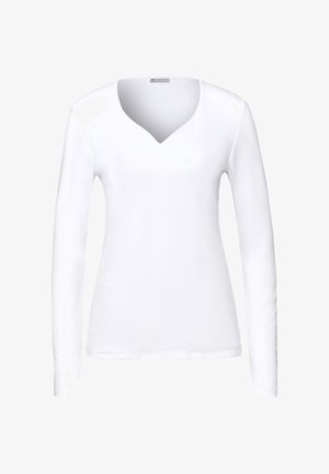 Biała koszulka z długim rękawem, z dekoltem w serek, wykonana z gładkiego materiału, o dopasowanym kroju i minimalnych detalach przy dekolcie oraz rękawach.