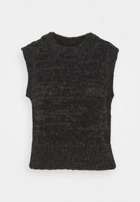 Top senza maniche in maglia nera con un motivo testurizzato, scollatura a costine e orlo corto. Materiale morbido, vestibilità leggermente ampia.