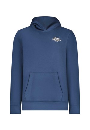 Blauwe hoodie gemaakt van zachte stof, voorzien van een kangoeroezak, geribbelde manchetten en een logo gedrukt op de linkerborst.