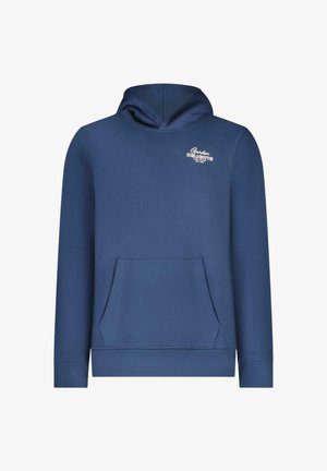 Blauwe hoodie gemaakt van zachte stof, voorzien van een kangoeroezak, geribbelde manchetten en een logo gedrukt op de linkerborst.