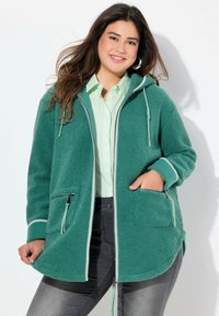 Veste en polaire verte zippée avec capuche, présentant des poignets élastiques, une poche zippée et des accents blancs. Portée sur une chemise rayée vert clair.