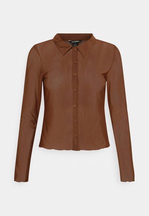 Brown long-sleeve button-up shirt with collar, slim fit, and slightly sheer fabric on a white background.