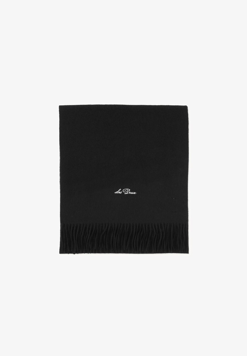 Écharpe rectangulaire noire avec bords frangés et logo blanc cursif "Les Deux" brodé près du bord inférieur central.