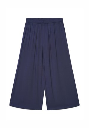 Pantaloni cropped a gamba larga blu navy con vita elasticizzata, tessuto liscio, senza tasche visibili né motivi.