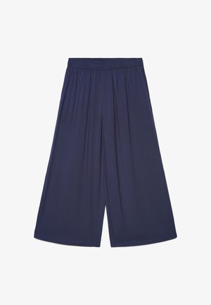 Pantaloni cropped a gamba larga blu navy con vita elasticizzata, tessuto liscio, senza tasche visibili né motivi.