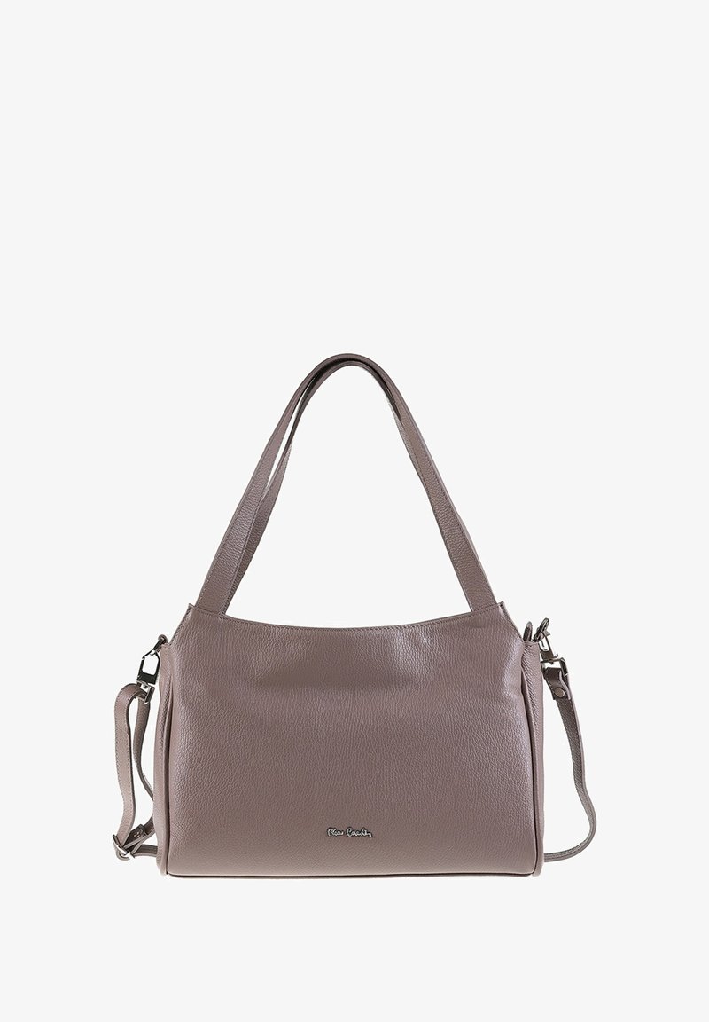 Borsa a tracolla in pelle grigia con texture, dotata di due manici, di cui uno regolabile. Presenta una chiusura con zip e un sottile logo sulla parte anteriore.