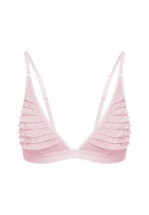 Różowy biustonosz braletka z falbankami po bokach, regulowanymi ramiączkami i gładką taśmą. Posiada trójkątny kształt i miękką teksturę.