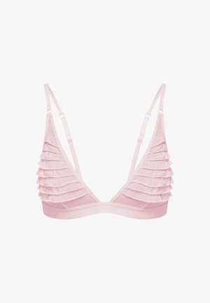 Różowy biustonosz braletka z falbankami po bokach, regulowanymi ramiączkami i gładką taśmą. Posiada trójkątny kształt i miękką teksturę.