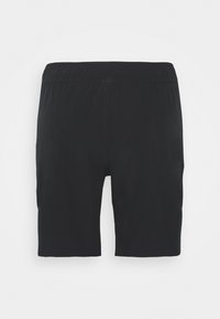 Svarta sportshorts med elastisk midjeband, knälånga och släta i texturen. Inga synliga logotyper eller mönster, med enkel sömnad.