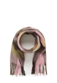 Multifarvet tørklæde lavet af blødt stof, med nuancer af pink, grøn og brun samt frynsekanter. Cirkulært design med lagdelte farver.