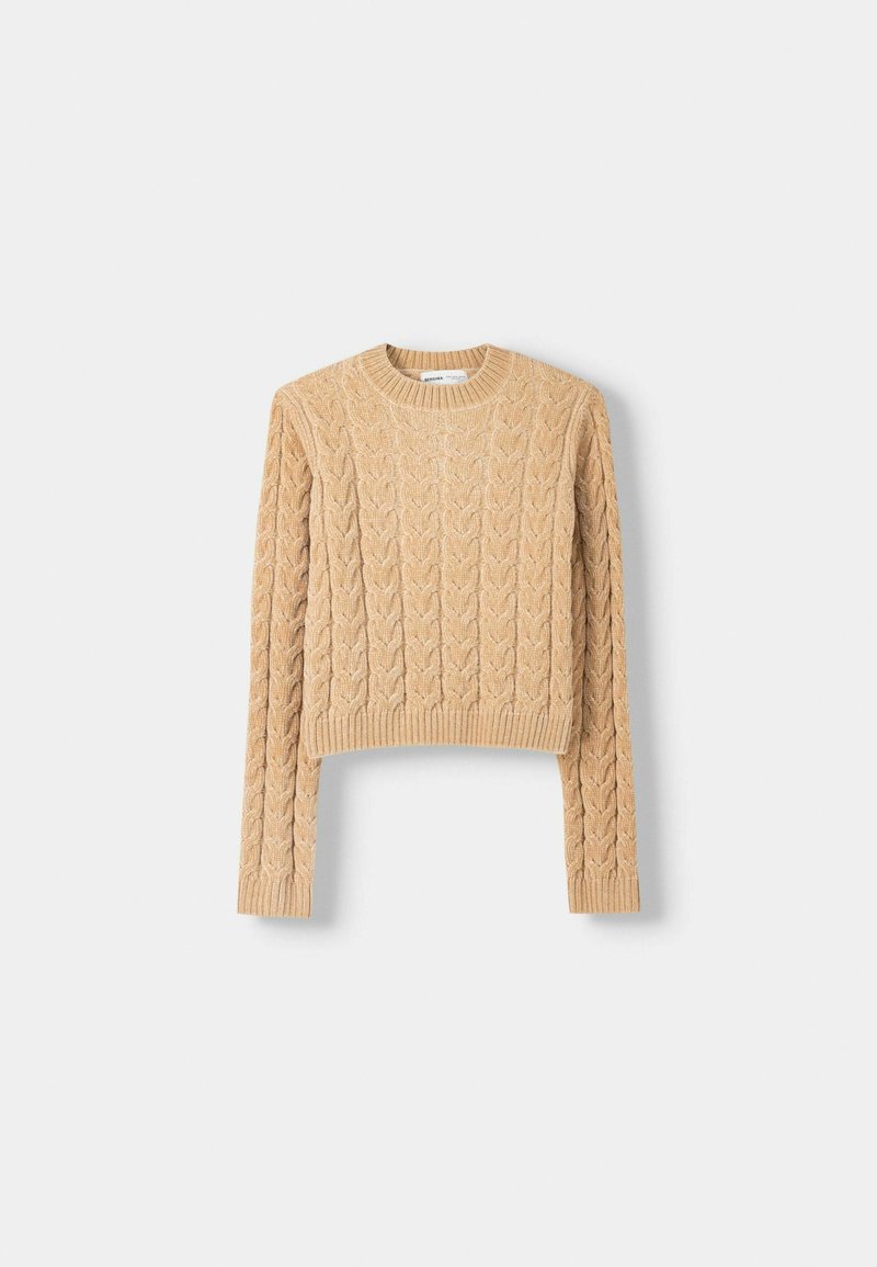 Maglione corto lavorato a maglia beige con motivo a trecce, scollatura rotonda e maniche lunghe. Realizzato in materiale morbido per un comfort ottimale.