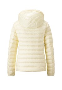Cream-colored puffer jacket with a hood, featuring horizontal quilted sections, elastic cuffs, and a smooth, shiny texture.