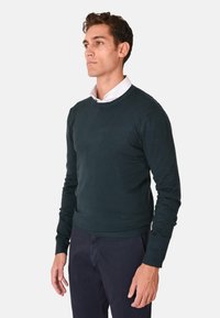 Maglione lavorato a maglia di colore verde scuro con scollo rotondo, maniche lunghe e polsini a costine. Abbinato a una camicia bianca con colletto sotto.