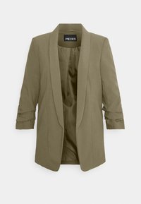 Veste blazer vert olive avec une texture lisse, dotée d'un col à revers cranté et de manches retroussées. L'intérieur est doublé d'un tissu plus clair.