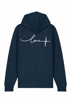 Navy blue hoodie with a drawstring hood. White cursive “love” text and heartbeat line design on the upper back. Soft cotton blend material.