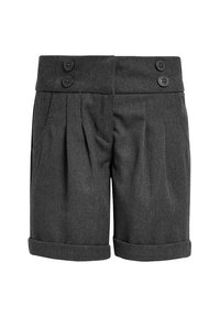 Shorts ajustați de culoare gri cărbune, cu pliuri în față, două butoane mari la talie, cu manșete și buzunare laterale. Fabricate dintr-un material texturat.