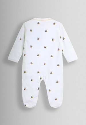 Hvid babybody med lange ærmer, med spredt gul og blå bi-broderi, rund halsudskæring og foddækket design.