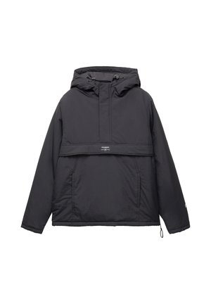 Schwarze Pulloverjacke mit Kapuze, aus leichtem Stoff gefertigt. Verfügt über einen halben Reißverschluss an der Vorderseite, eine Brusttasche sowie elastische Bündchen und Saum.