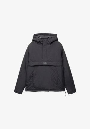 Black pullover jacket with a hood, made of lightweight fabric. Features a half-zip front, chest pocket, and elasticized cuffs and hem.