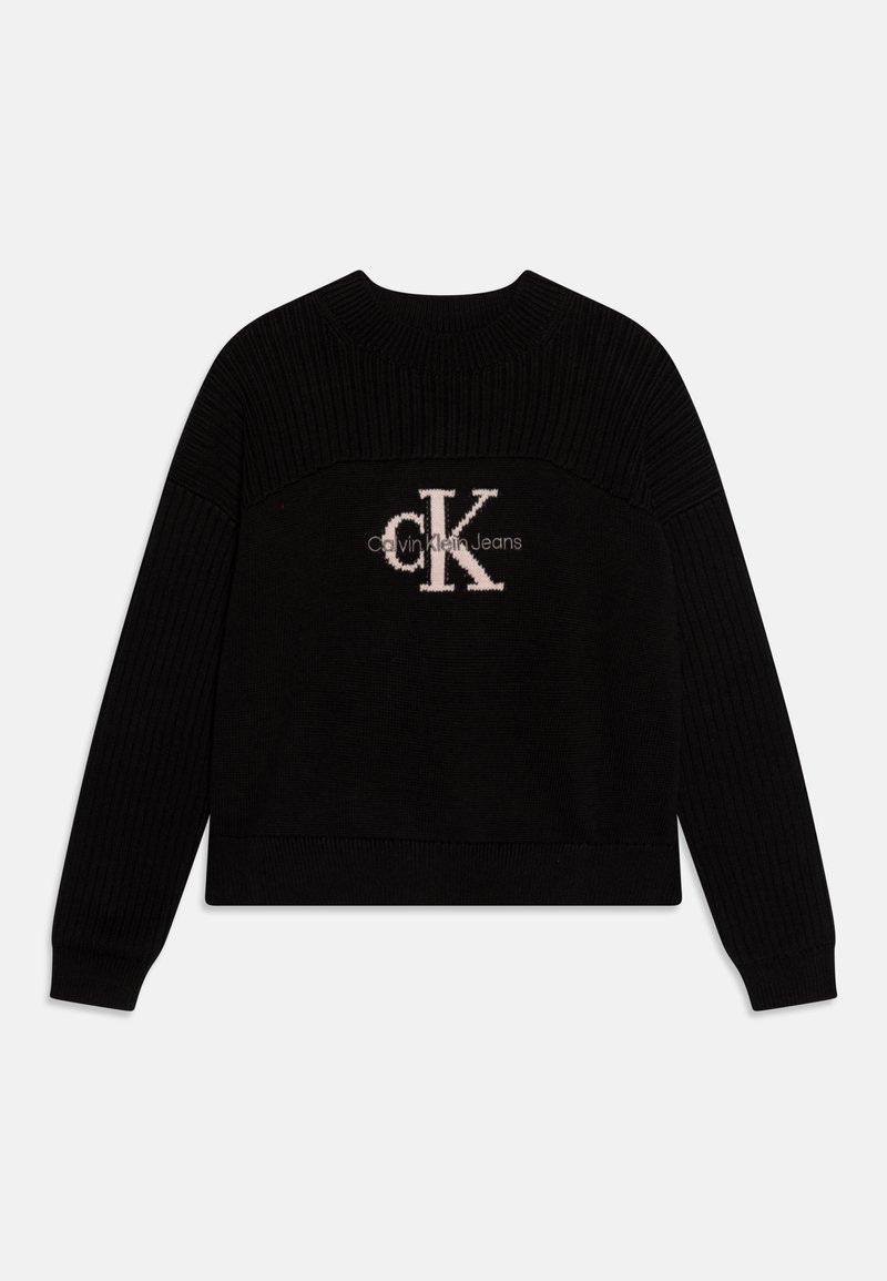 Maglione nero con texture a coste, con un grande logo "cK" in maglia rosa al centro. Collo rotondo, maniche lunghe, design cropped.