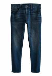Uske skinny-fit traperice u tamnoplavoj denim boji s blagim blijeđenjem, pet džepova i šivenim detaljima duž šavova. Glatka tekstura.
