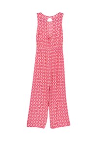 Rosa Jumpsuit mit geometrischem Muster, ärmelloses Design, offene Rückseite mit Schlüssellochdetail und weitem Bein für eine lockere Passform.