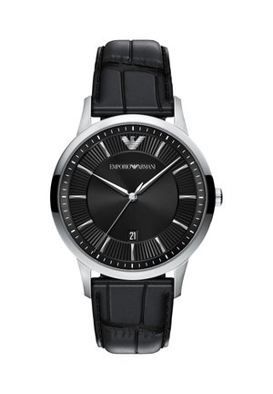 Rundes schwarzes Zifferblatt der Emporio Armani Armbanduhr mit silbernem Gehäuse, silbernen Stundenmarkierungen, drei Zeigern, Datumsanzeige und schwarzem Lederarmband.