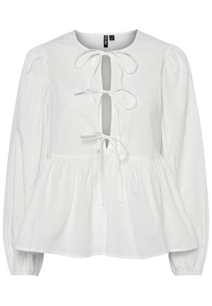 Balta blūze ar garām puffed piedurknēm, apaļu kakla izgriezumu un atslēgas atveri priekšā, kas izceļas ar saites aizdari. Dabas viduklis ar platu apakšdaļu.