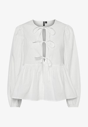 Fehér blúz hosszú puffos ujjakkal, kerek nyakkal és nyakkivágás elülső részen, ami megkötőrendszerrel záródik. Ráncolt derék, harang formájú szegéllyel.