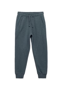 Mørkegrå joggerbukser lavet af blødt stof, med elastisk livrem, snoretræk, sidelommer og tapered manchetter med sømdetaljer.