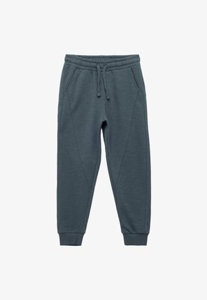 Dunkelgraue Joggerhosen aus weichem Stoff, mit einem elastischen Bund, Kordelzug, seitlichen Taschen und eng zulaufenden Bündchen mit Nahtdetails.