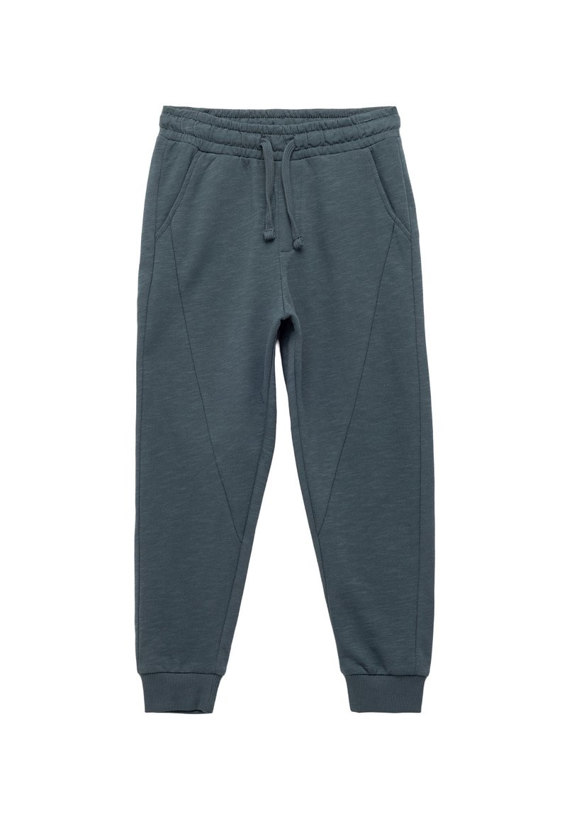 Mørkegrå joggerbukser lavet af blødt stof, med elastisk livrem, snoretræk, sidelommer og tapered manchetter med sømdetaljer.