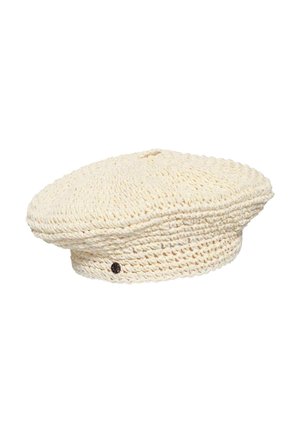 Cream-colored woven cotton beret with a small black decorative button on the side, shown on a white background.
